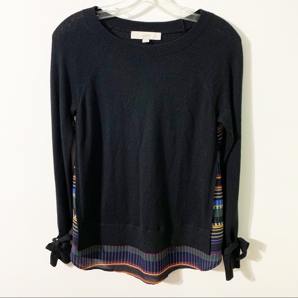 LOFT Sweater with Layered Look Mixed Media Blouse Long Sleeves Bow Cuff Detail